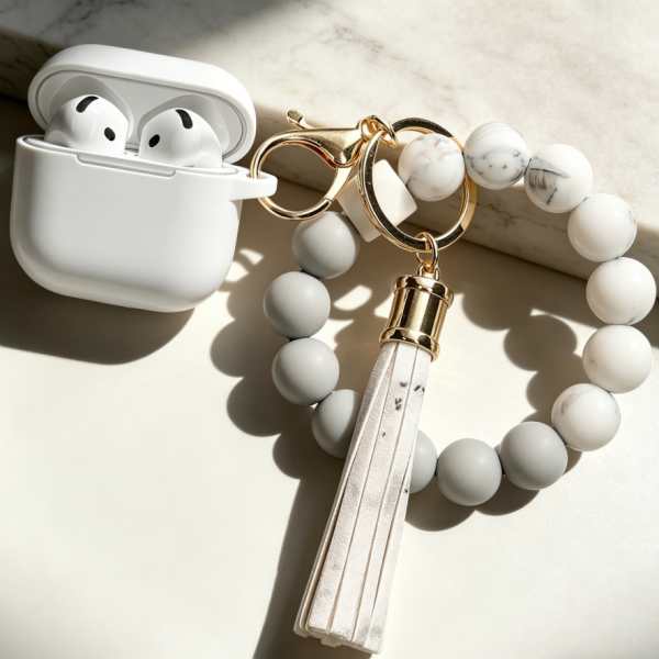 White Grey Silicone Earbuds Case with Lanyard and Keychain