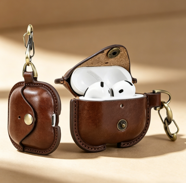 Full Grain Leather Wireless Earbuds Case with Keychain Metal Snap