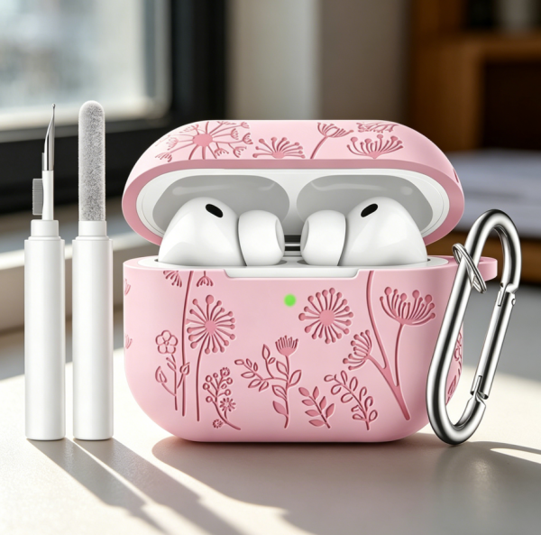 Pink Cute Flower Engraved Silicone Case Cover with Cleaner Kit